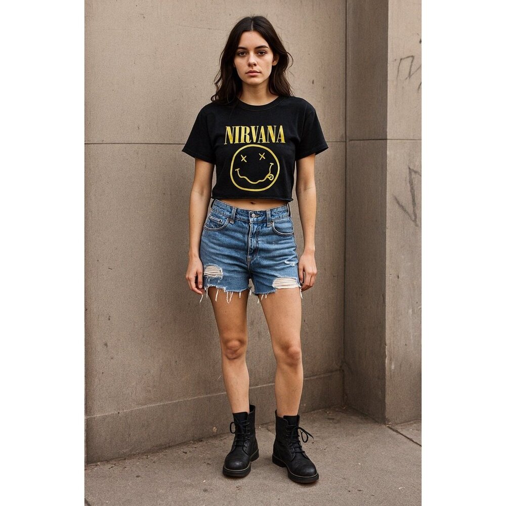 Nirvana Smiley Face Black Crop Top T-Shirt | Grunge Band Graphic Tee